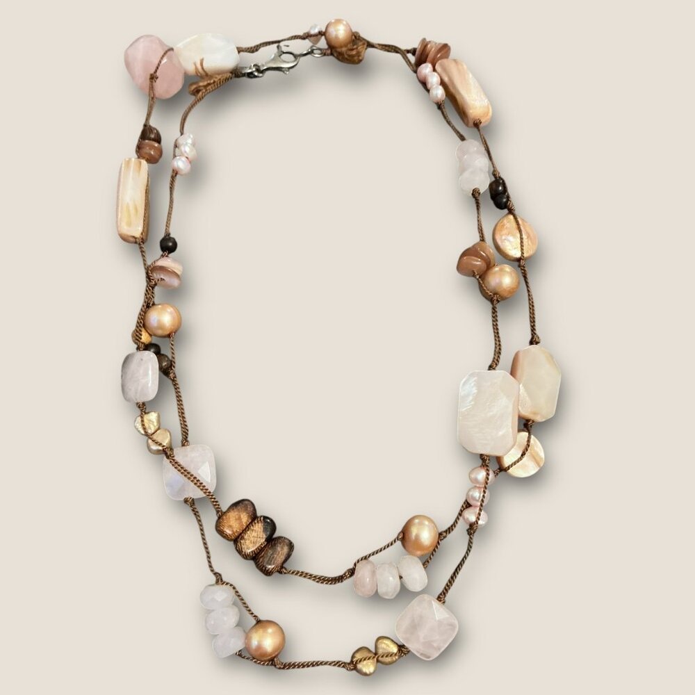 Vintage Retired Silpada Rose Quartz Pearl & Shell Necklace Signed Boho